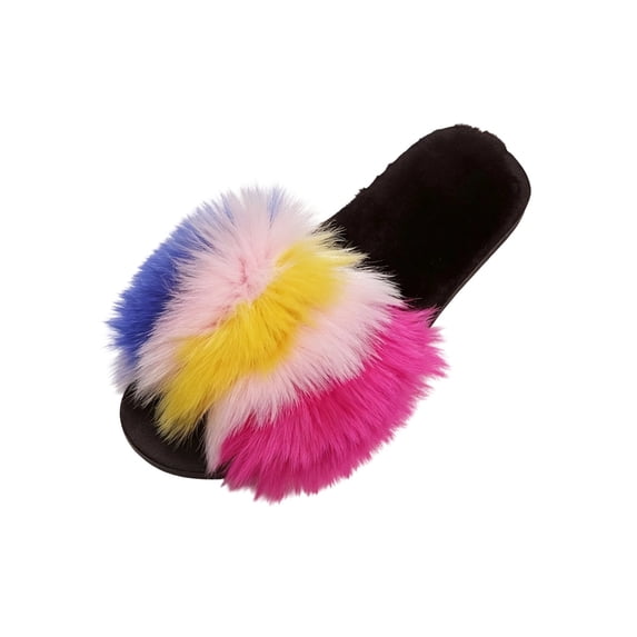 hopeusnice Women Fuzzy Slide Slippers Open Toe Multitone Furry Plush ...