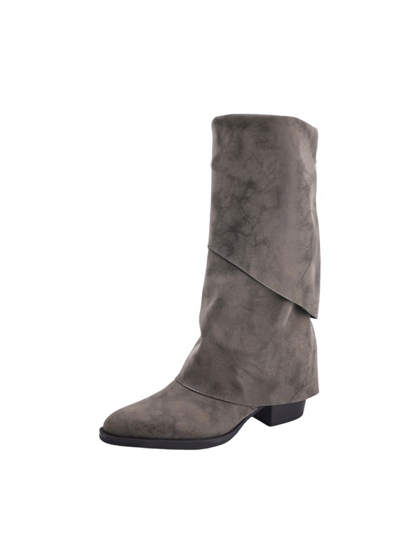 Women Knee High Boot Round Toe Pull On Wrap Over Shaft Low Block Heel Shoe For Art Visit Gray 42