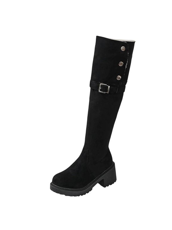 Women Knee High Boot Round Toe Snap Button Single Buckle Pull On Block Heel Shoe For Urban Stroll Black 39