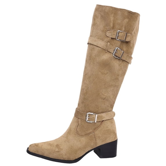 hopeusnice Women Knee High Boots With Pointed Toe Block Heel Back Zipper Leather Upper For Office And Evening Events Khaki 39