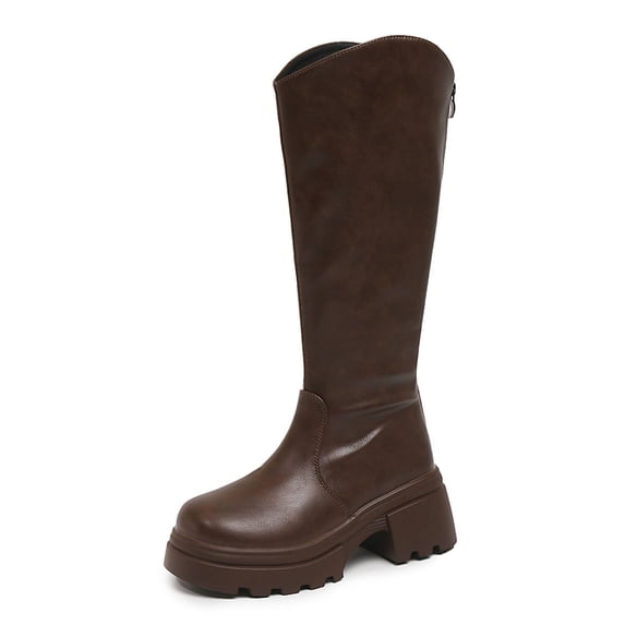 hopeusnice Women Knee High Riding Boots With V Shaped Top Back Zipper Closure Chunky Heel For Fall Winter And Fashion Outfits Brown 41