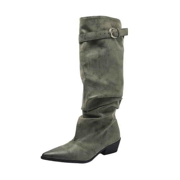 hopeusnice Women Knee High Slouchy Boots With Single Buckle Strap Pointed Toe Chunky Heel For Fashionable Evening Looks Gray 41