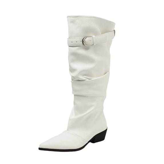 hopeusnice Women Knee High Slouchy Boots With Single Buckle Strap Pointed Toe Chunky Heel For Fashionable Evening Looks White 41