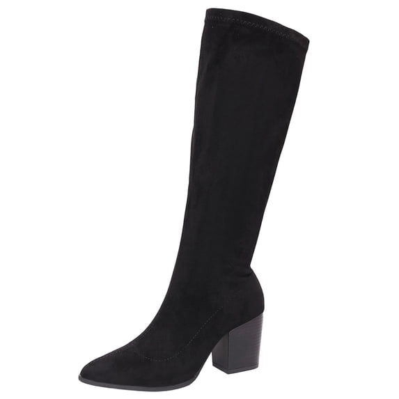 hopeusnice Women Knee High Stretch Boots With Pointed Toe Chunky Heel Suede Upper Pull On Design For Fashion And Evening Occasions Black 36