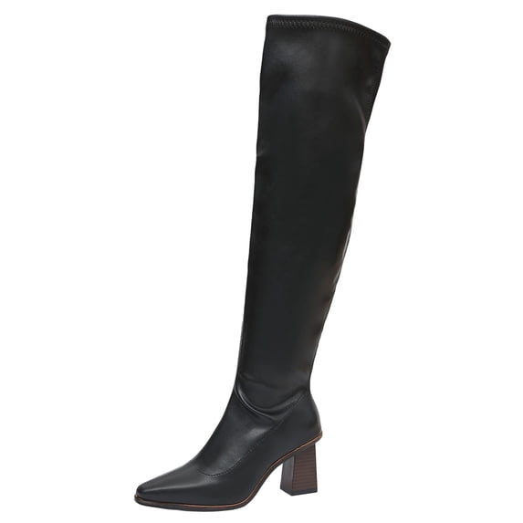 hopeusnice Women Knee High Stretch Boots With Square Toe Sole Chunky Heel Pull On Design For Fashion And Party Occasions Black 36