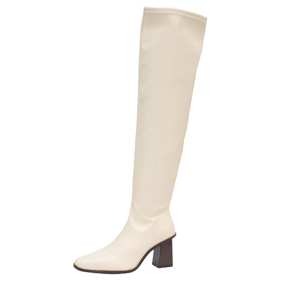 hopeusnice Women Knee High Stretch Boots With Square Toe Sole Chunky Heel Pull On Design For Fashion And Party Occasions White 37