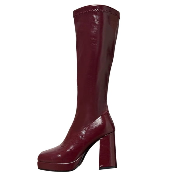 hopeusnice Women Knee High Stretch Boots With Square Toe Sole Chunky Heel Pull On Design For Fashion And Party Occasions Wine 36