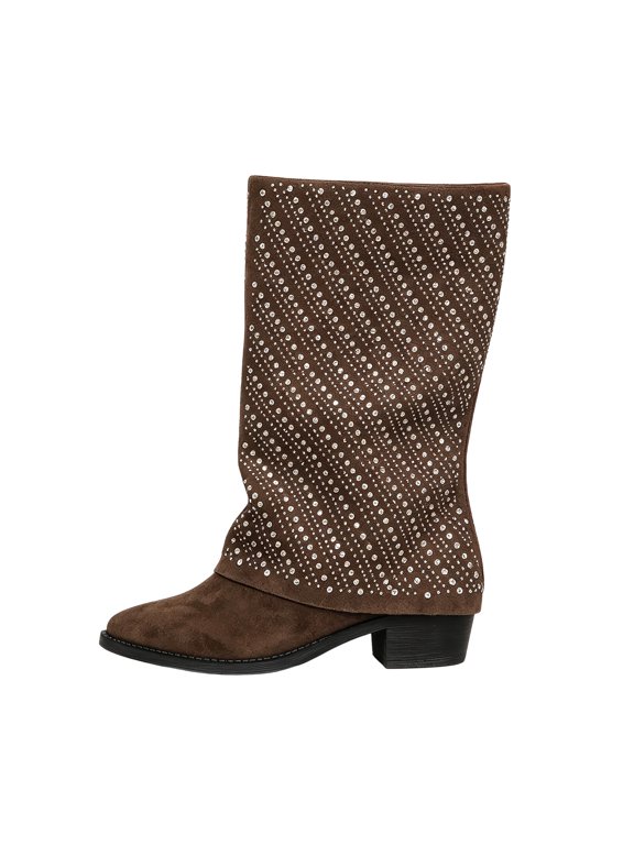 Women Mid Calf Boot Pointed Toe Pull On Rhinestone Covered Fold Over Shaft Block Heel Shoe Brown 36