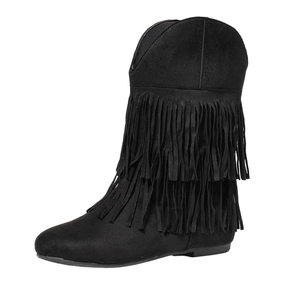 hopeusnice Women Mid Calf Boots With Double Layer Fringe Suede Upper Flat Sole For Bohemian And Casual Occasions Black 36