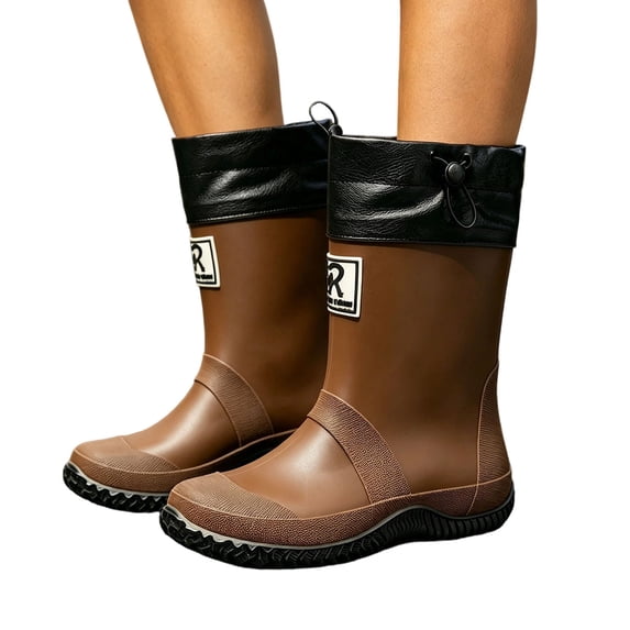 hopeusnice Women Mid Calf Rain Boots With Drawstring Closure Waterproof Rubber Upper Non Sole For Wet Weather And Gardening Brown 46