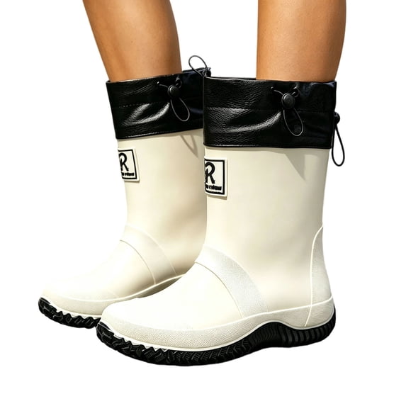 hopeusnice Women Mid Calf Rain Boots With Drawstring Closure Waterproof Rubber Upper Non Sole For Wet Weather And Gardening White 42