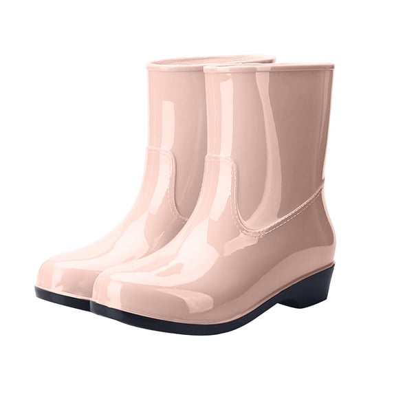 hopeusnice Women Mid Calf Rain Boots With Glossy PVC Upper Low Heel Pull Tab For Wet Weather And Daily Commute Khaki 36