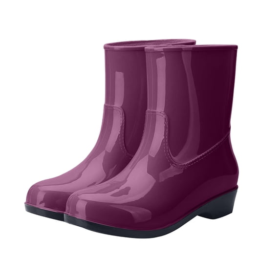 hopeusnice Women Mid Calf Rain Boots With Glossy PVC Upper Low Heel Pull Tab For Wet Weather And Daily Commute Purple 36