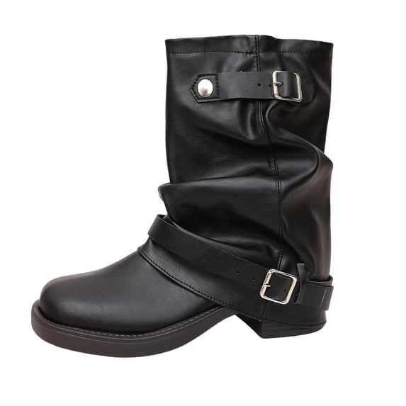 hopeusnice Women Mid Calf Slouch Boots With Double Buckle Straps Low Heel Leather Upper For Edgy And Casual Style Black 36