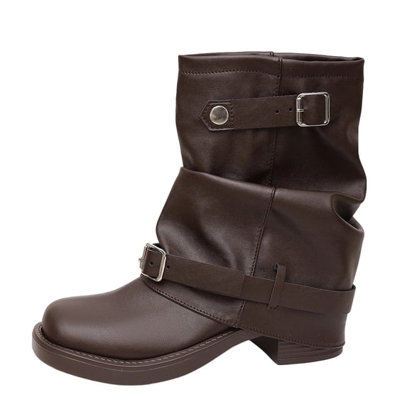 hopeusnice Women Mid Calf Slouch Boots With Double Buckle Straps Low Heel Leather Upper For Edgy And Casual Style Brown 41