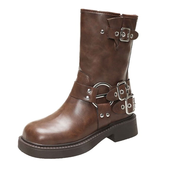 hopeusnice Women Motorcycle Boots With Multiple Buckle Strap And Ring Detail Chunky Sole For Punk Style And Street Wear Brown 36