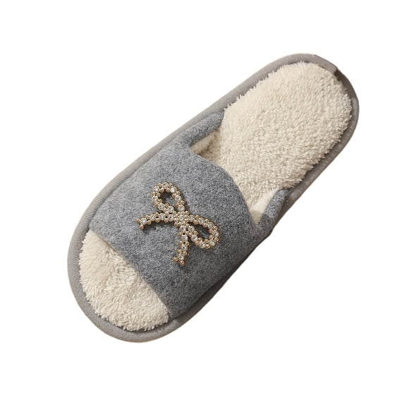 hopeusnice Women Rhinestone Bow Fleece Slide Slippers Single Strap Open Toe Footbed For Home Indoor Daily Leisure Activities Gray 36