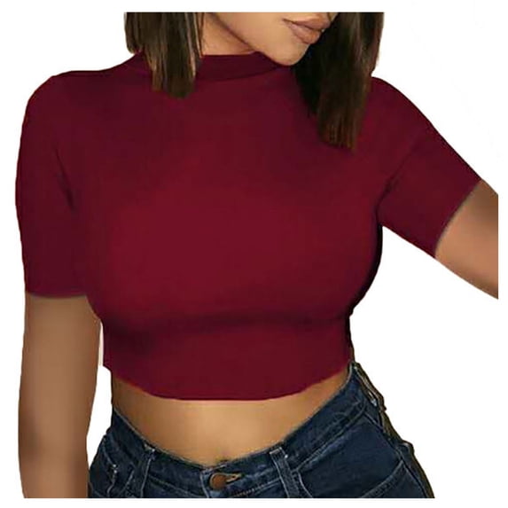 hopeusnice Women'S Wrinkled T Shirts Tee Solid Color Out Tops Casual Beach Short Sleeve Fashion Summer Scoop Neck Pants Red L