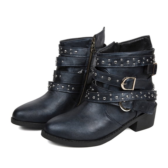 hopeusnice Women's Ankle Boots Buckle Chain Studded Boots Low Heel Block Heel Zipper Round Toe Suede Short Boots Blue 40