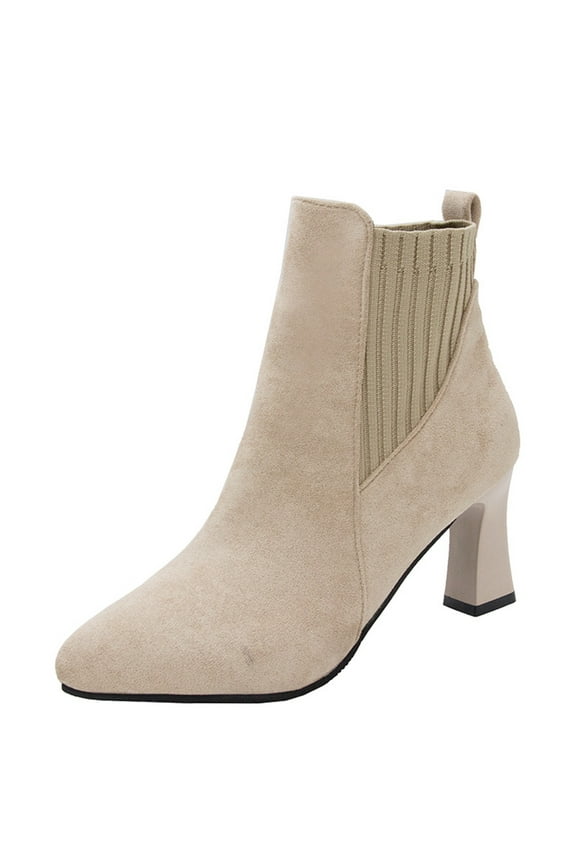 Women's Ankle Boots Pointed Toe Suede Block Heel Booties Elastic Side Zipper Comfortable Dress Boots Fall Winter Shoes Beige 40