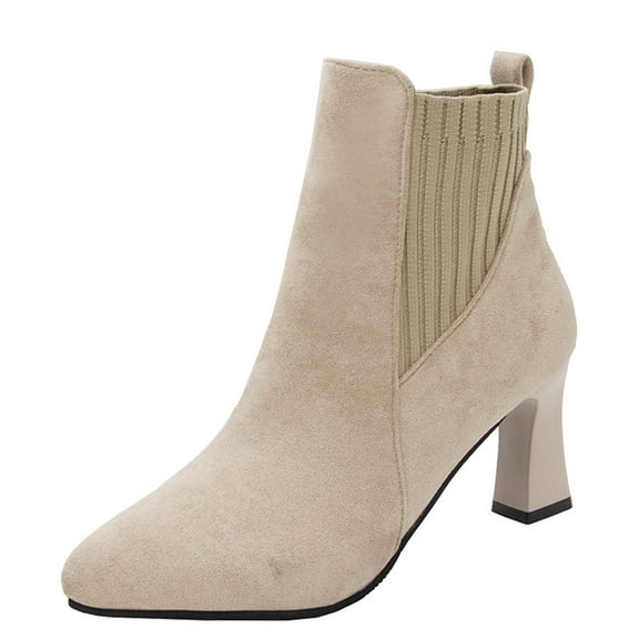 hopeusnice Women's Ankle Boots Pointed Toe Suede Block Heel Booties Elastic Side Zipper Comfortable Dress Boots Fall Winter Shoes Beige 40