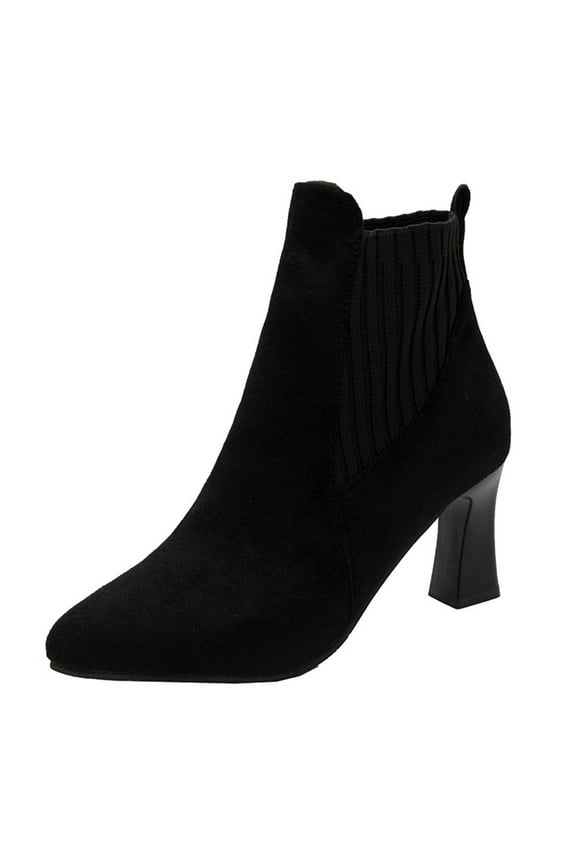 Women's Ankle Boots Pointed Toe Suede Block Heel Booties Elastic Side Zipper Comfortable Dress Boots Fall Winter Shoes Black 39