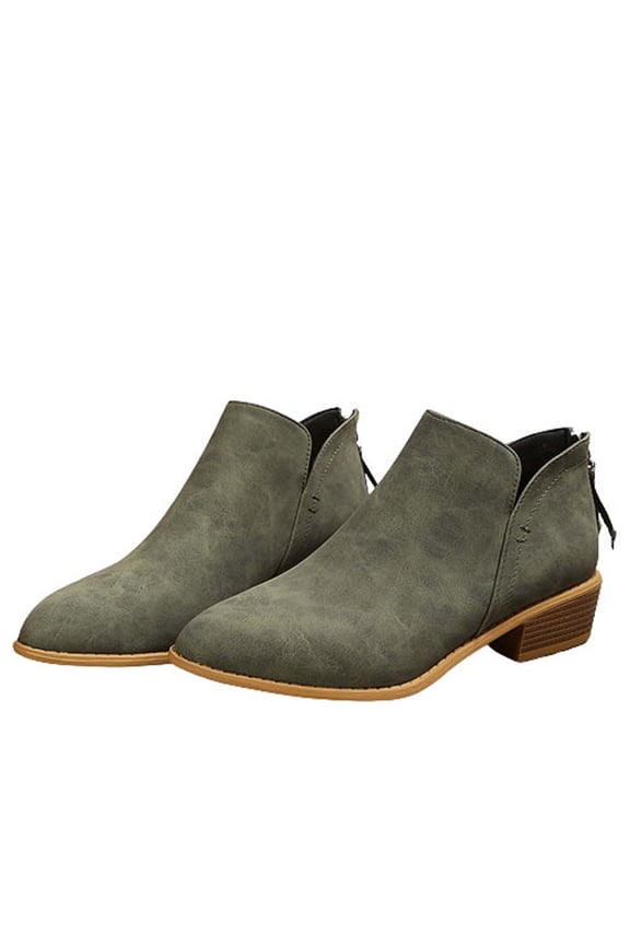 Women's Ankle Boots Side Zipper Pointed Toe Low Heel PU Leather Slip On Short Boots Fall Winter Shoes Army Green 37