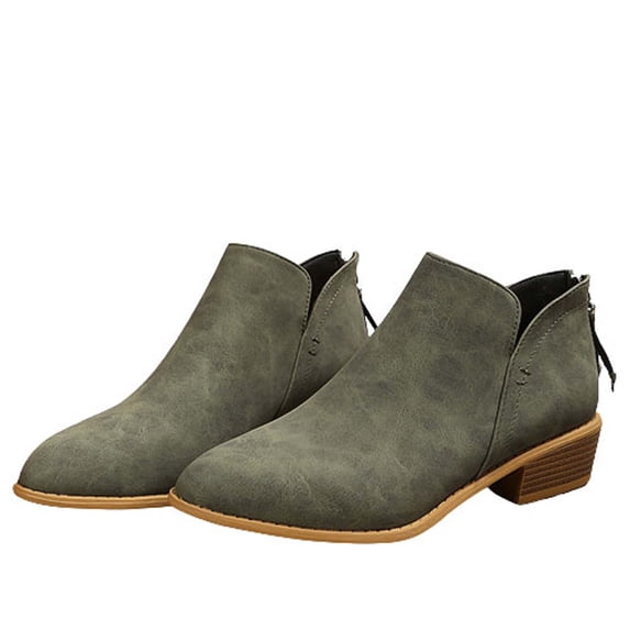 hopeusnice Women's Ankle Boots Side Zipper Pointed Toe Low Heel PU Leather Slip On Short Boots Fall Winter Shoes Army Green 39