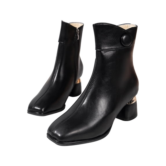 hopeusnice Women's Ankle Boots Square Toe Block Heel Leather Zipper Buckle Chunky Heel Fall Winter Fashion Comfortable Black 42