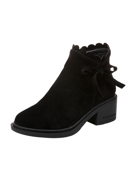 Women's Ankle Boots Suede Bowknot Block Heel Booties Round Toe Zipper Back Short Boots Winter Warm Comfortable Shoes Black 38