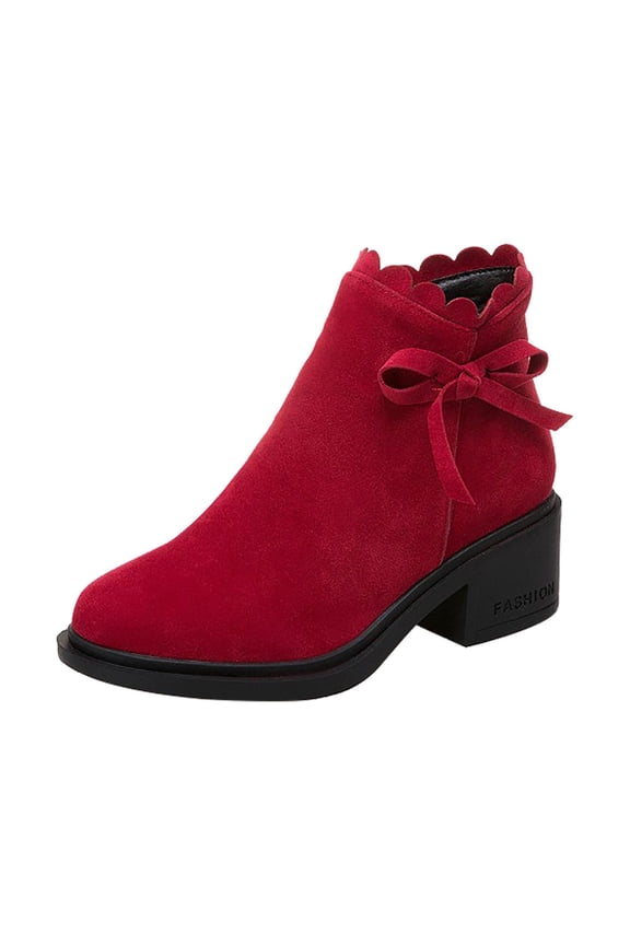 Women's Ankle Boots Suede Bowknot Block Heel Booties Round Toe Zipper Back Short Boots Winter Warm Comfortable Shoes Red 39