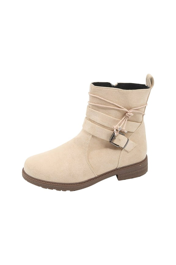 Women's Ankle Boots Suede Buckle Zipper Winter Booties Warm Flat Shoes Comfortable Low Heel Boots Beige 39
