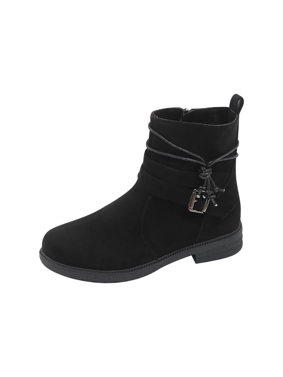 Women's Ankle Boots Suede Buckle Zipper Winter Booties Warm Flat Shoes Comfortable Low Heel Boots Black 37