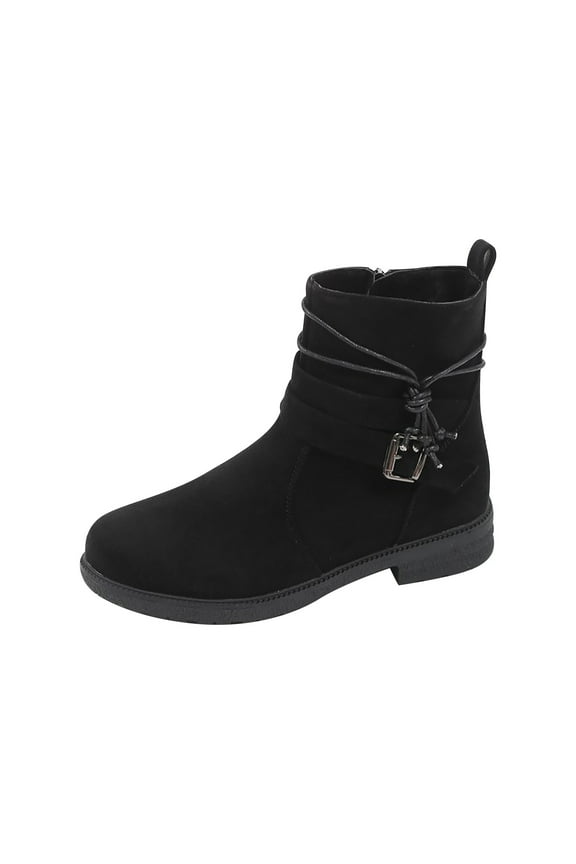 Women's Ankle Boots Suede Buckle Zipper Winter Booties Warm Flat Shoes Comfortable Low Heel Boots Black 41