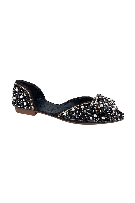 Women's Beaded Bow Flats Slip On Shoes Comfortable Wedding Party Bridal Dressy Flats for Women Black 40