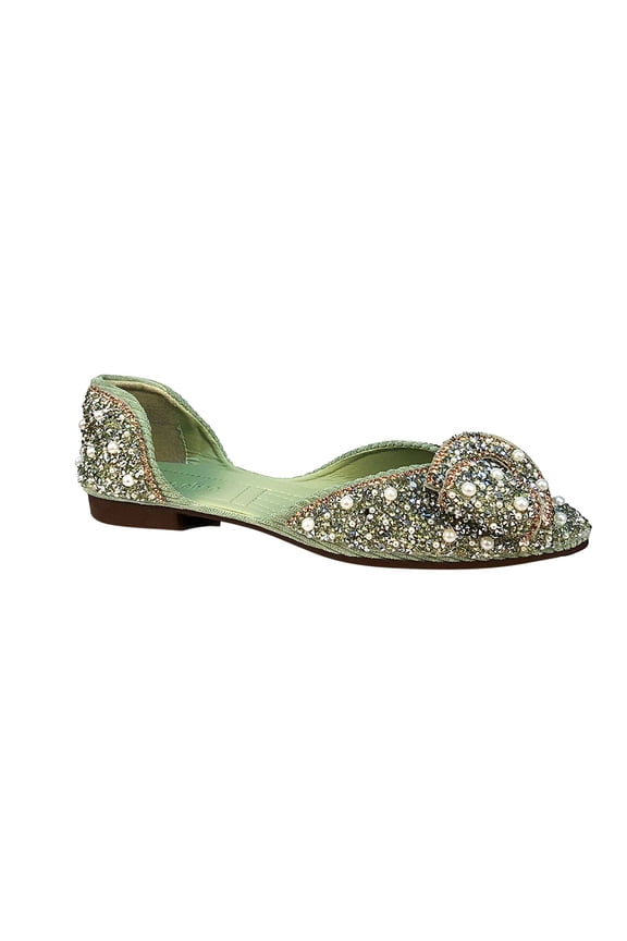 Women's Beaded Bow Flats Slip On Shoes Comfortable Wedding Party Bridal Dressy Flats for Women Green 39
