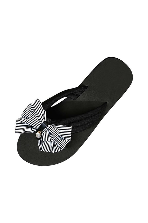 Women's Bowknot Flip Flops Summer Beach Slippers Striped Flat Thong Sandals Soft Comfortable Outdoor Shoes Black 38