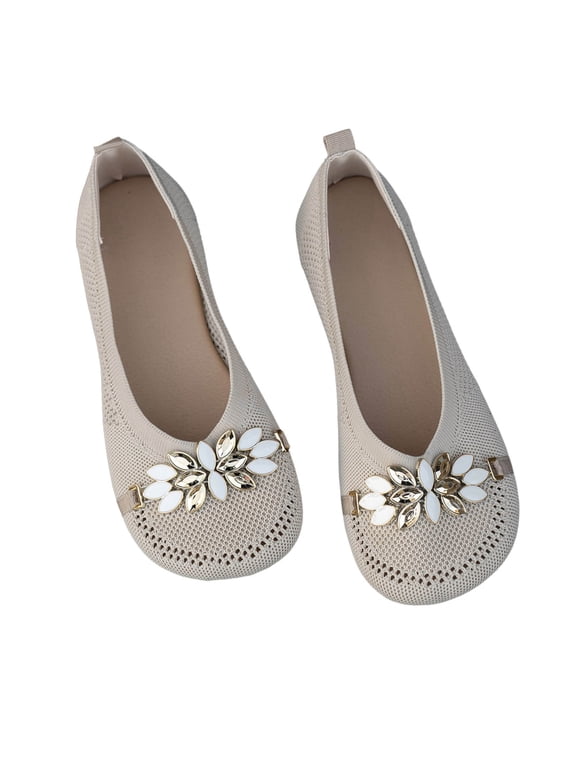 Women's Breathable Knit Mesh Flats Comfortable Rhinestone Slip On Shoes Low Heel Soft Sole Lightweight Breathable Vacation Beach Daily Walking Shoes Beige 42
