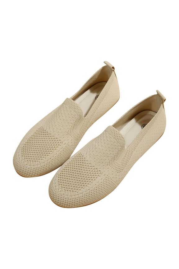 Women's Breathable Knit Slip On Loafers Comfortable Flat Shoes Lightweight Mesh Summer Walking Sneakers Soft Breathable Outdoor Travel Shoes Beige 36