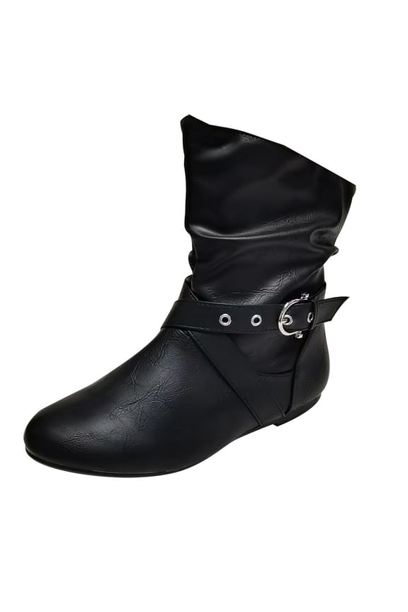 Women's Buckle Ankle Boots Flat Slouch Boots Faux Leather Buckle Booties Comfortable Slip On Short Boots Fall Winter Dress Shoes Black 42