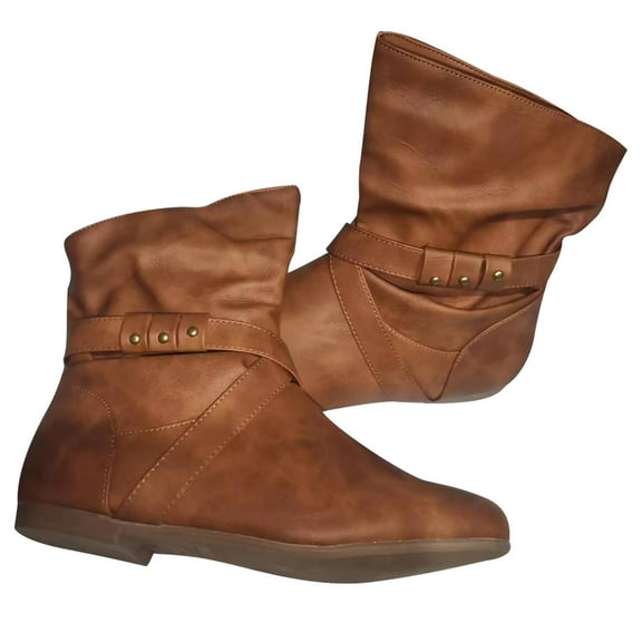hopeusnice Women's Buckle Ankle Boots Flat Slouch Boots Faux Leather Buckle Booties Comfortable Slip On Short Boots Fall Winter Dress Shoes Brown 36