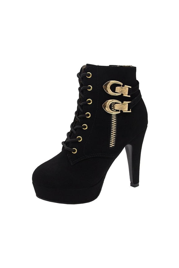 Women's Buckle Ankle Boots High Heel Lace Up Zipper Shoes Fall Winter Comfortable Suede Heels Booties Black 43