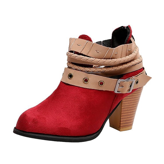 hopeusnice Women's Buckle Ankle Boots Suede Chunky Heel Pointed Toe Buckle Ankle Booties Dress Boots Fashion Comfortable Fall Winter Shoes Red 39