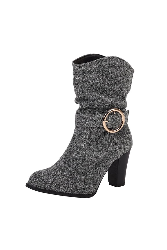 Women's Buckle Block Heel Boots Suede Glitter Round Toe Chunky Heel Mid Calf Boots Fall Winter Fashion Elegant Shoes Silver 40