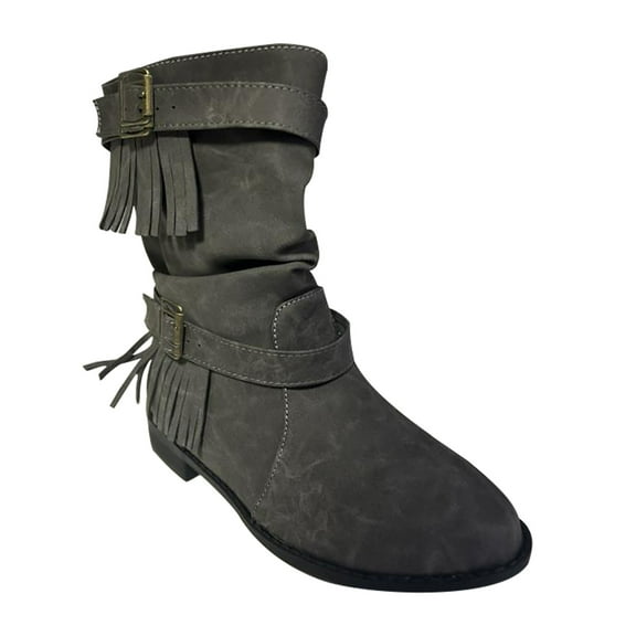 hopeusnice Women's Buckle Fringe Boots Suede Ankle Boots Fall Winter Booties Buckle Closure Round Toe Low Heel Comfortable Shoes Gray 41