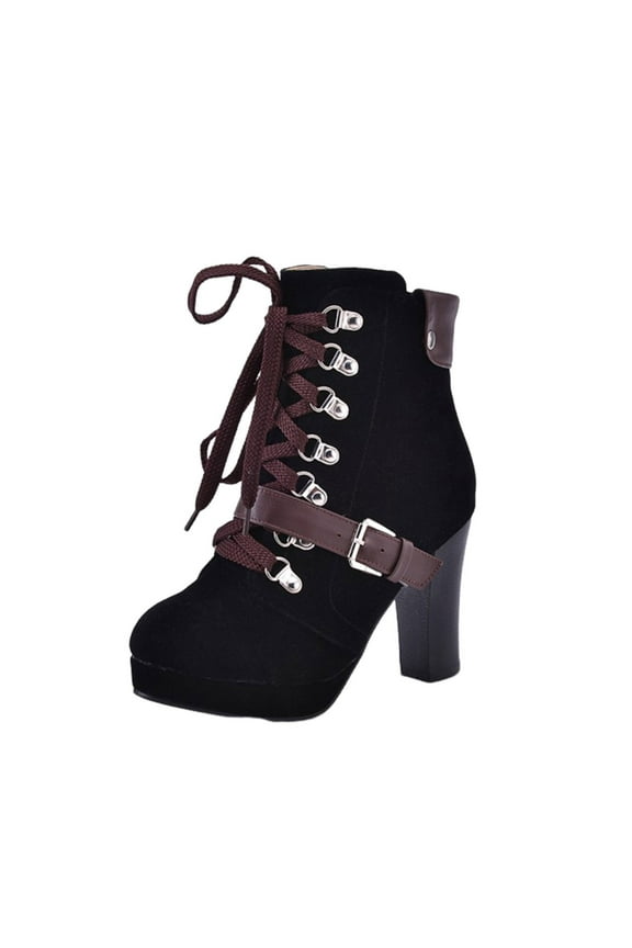 Women's Buckle Lace Up Ankle Boots Chunky Heel Suede Booties High Heel Dress Shoes Fall Winter Warm Comfortable Fashion Boots Black 38