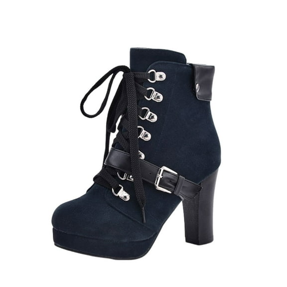 hopeusnice Women's Buckle Lace Up Platform Ankle Boots Chunky Heel Suede Booties High Heel Dress Shoes Fall Winter Warm Comfortable Fashion Boots Blue 40