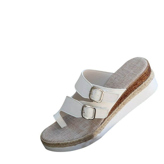 hopeusnice Women's Buckle Wedge Sandals Casual Platform Open Toe Slip On Shoes Comfortable Breathable Beach Flip Flops White 42