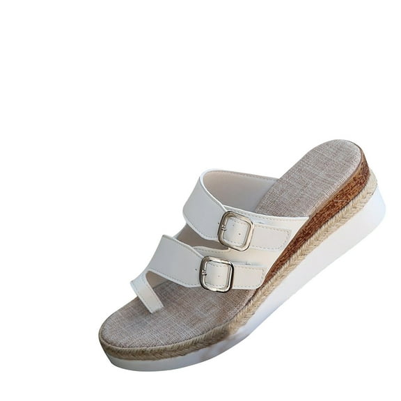 hopeusnice Women's Buckle Wedge Sandals Casual Platform Open Toe Slip On Shoes Comfortable Breathable Beach Flip Flops White 43