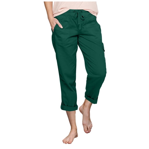 hopeusnice Women's Casual Beach Solid Color Capri Cargo Running Pants Pockets Workout Vacation Fashion Summer Pants Elastic High Waist Lounge Pants Drawstring Green XL
